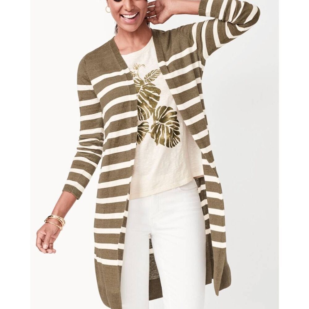 Talbots Sweater Womens XS Green Stripe Lightweight Duster Linen Knit